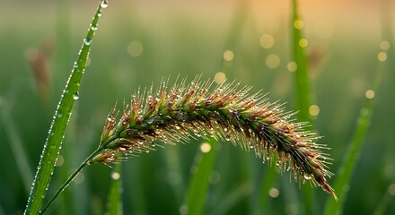 Fototapeta premium Dew-Kissed Grass Seed Head at Sunrise A Stunning Macro Photograph
