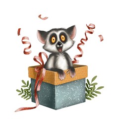 Cute lemur emerges from gift box with joyful surprise during a festive celebration