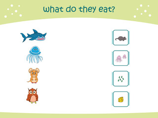 What do they eat matching game for kids with cute wild animals. activity page for kindergarteen and preschool. Vector illustration