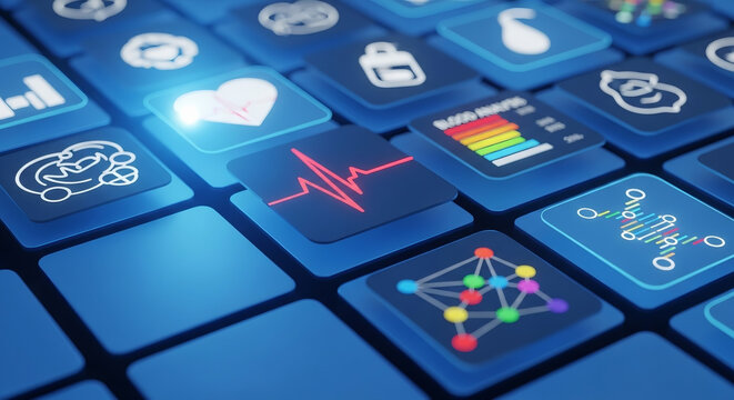 Floating Biometric Icons on Digital Medical Display - Powered by Adobe