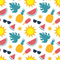 Tropical Summer Seamless Pattern with Beach Elements in Cartoon Flat Style Illustration