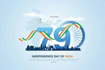 Happy 79th independence day of India. 3d Ashoka chakra with Indian flag. Creative vector illustration design.