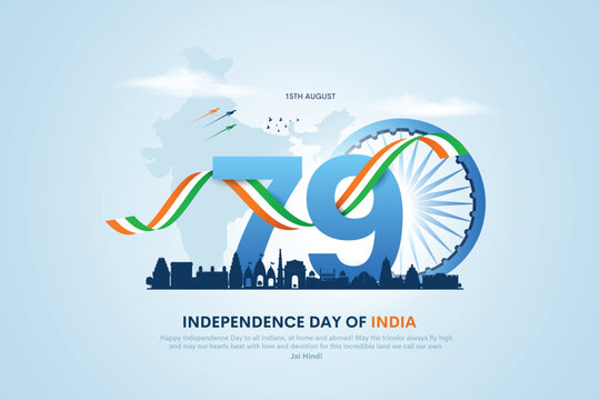 Happy 79th independence day of India. 3d Ashoka chakra with Indian flag. Creative vector illustration design.