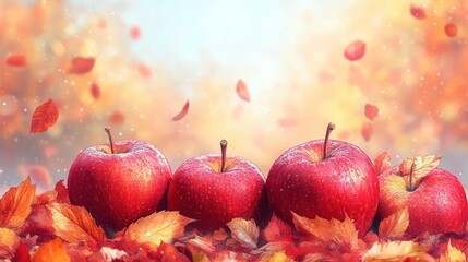 Three red apples nestled among autumn leaves.