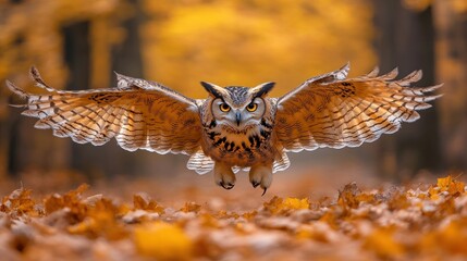Obraz premium Great horned owl in flight amidst autumn leaves.