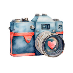 Watercolor vintage camera with red heart reflection in the lens isolated on transparent background