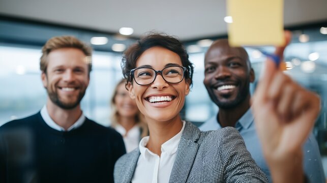A creative team of diverse professionals collaborates on a new strategy, placing colorful sticky notes on a glass wall during a dynamic brainstorming session.