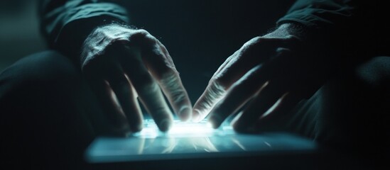 Close-up of hands hovering over a glowing surface