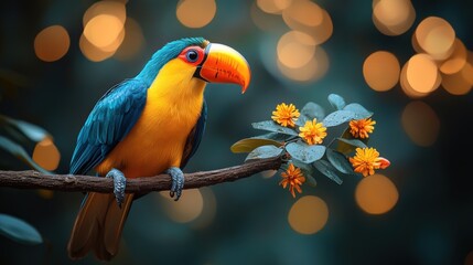 Fototapeta premium Vibrant toucan perched on a branch with blossoms.