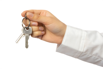 Hand holding silver keys with keychain isolated on a transparent background metal
