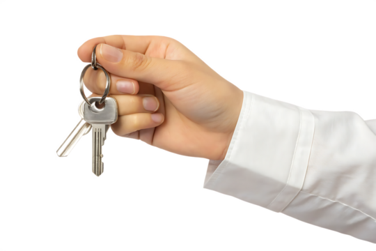 Hand holding silver keys with keychain isolated on a transparent background metal