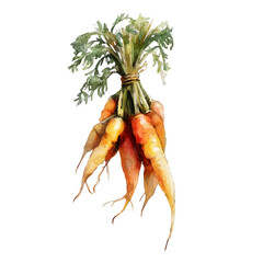 Bunch of fresh organic carrots with green leafy tops tied together isolated on transparent background