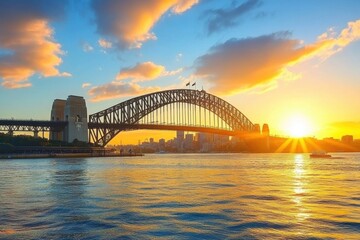 Obraz premium Majestic Sydney Harbour Bridge illuminated by sunset glow in Australia, Sydney harbour bridge in sunset sunlight Australia cityscape panorama