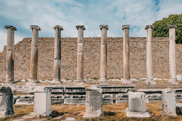 ruins of Asklepieion in Pergamon, Turkey, highlighting ancient columns and a stone wall