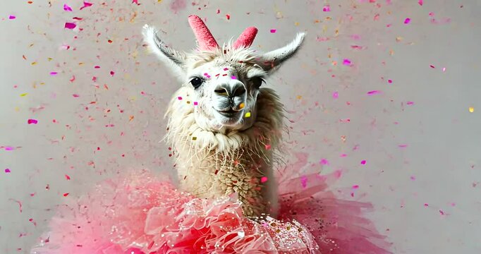 Llama in a Tutu Surrounded by Colorful Confetti