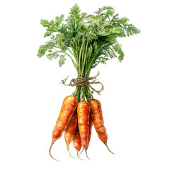 Bunch of fresh organic carrots with green tops tied together isolated on transparent background