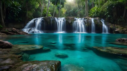 Turquoise waterfall cascading into a jungle pool, tropical paradise, long exposure



