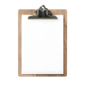 Wooden clipboard with a blank white paper sheet and a shiny metal clip isolated on transparent background