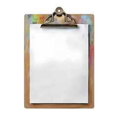 Artist s clipboard with paint splatters and blank white paper isolated on transparent background