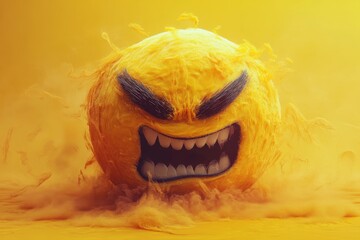 Fierce yellow emoji bursting with energy and emotion in a vibrant yellow background creating a powerful visual statement at a creative arts exhibition