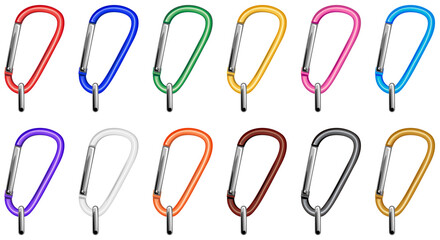 シンプルなカラビナのパーツ素材イラストカラーバリエーションセット／接続金具付き(Simple Carabiner Clip Parts Vector Illustration Color Variation Set (with Connector Fittings))