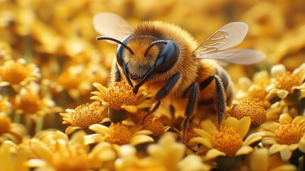 Close-up of a honeybee on a cluster of yellow flowers.
