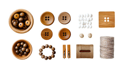 Obraz premium Brown Wooden Buttons, Clips, and Beads Flat Lay on Transparent Background