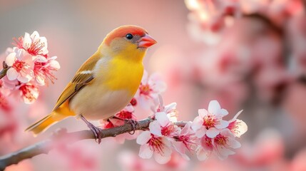 Vibrant yellow bird perched among delicate pink blossoms.