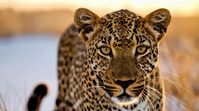 Focused leopard walking through golden grasslands, beautiful eyes and spotted fur visible in a wildlife setting.