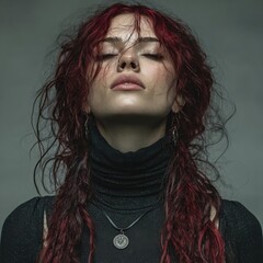Confident red-haired woman in black outfit looking upward