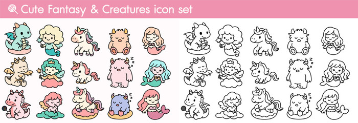 Flat Color and Outline Style of Cute fantasy creatures icons set featuring colorful dragons, unicorns, mermaids, and whimsical characters in playful poses
