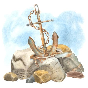 Aged rusty anchor with a large chain wrapped around it stands among rocks. Hand drawn watercolor illustration of textured metal anker with brown blue hues on isolated background. For maritime designs