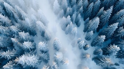Aerial shot of snow-covered forests with contrast patterns