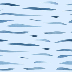 Seamless pattern with waves, lines, stripes, stylized water. Hand drawn watercolor illustration of sea geometric print on blue background. Chaotic drawing for textile, fabric, packaging, clothes.