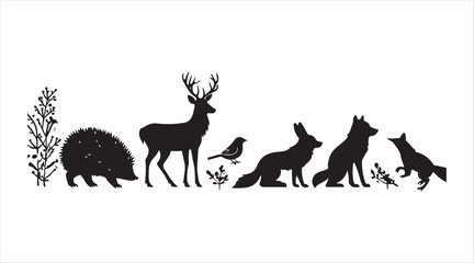 Silhouettes of blue animals and a forest set against a white background. Includes deer, hare, fox, hedgehog, wolf, bear, and birds. Perfect for print, covers, and web design