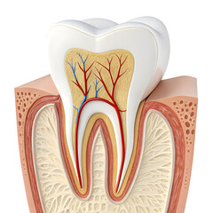 Detailed cross section of a human tooth showing enamel dentin pulp nerves and blood vessels isolated on transparent background