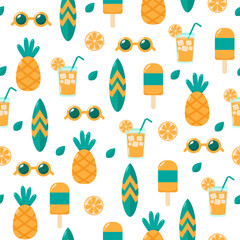 Bright summer seamless pattern with pineapples, sunglasses, skates, ice cream and cocktails. Perfect for textiles, web or print media.