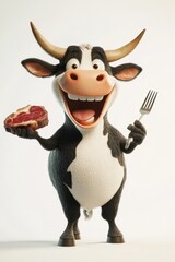 Happy cartoon cow holding a steak with a fork in a cheerful pose against a plain background