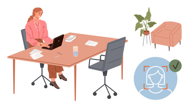 Woman at desk using laptop, papers and drink nearby. Modern office theme with chairs, plants, and face recognition concept. Ideal for business, technology, security, identity work productivity