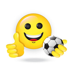 Football fan emoji. Vector cartoon cute emoticon smiles holding thumb up, plays with soccer ball. Yellow emoticon for internet chats, sports bars. Isolated icon for mobile apps, social media, web