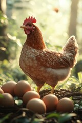 Chicken standing proudly beside freshly laid eggs in a serene forest setting during the early morning light