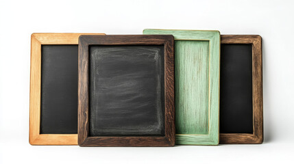 A set of five blank wooden chalkboards, ideal for cafes or restaurants. Includes chalkboards in black, white, and green variations, perfect for displaying menus, specials, or promotions. 