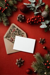 Christmas Card with Envelope, Pine Branches, Red Ornaments on Red Background