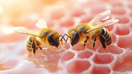 Two honeybees on a honeycomb, close-up view.