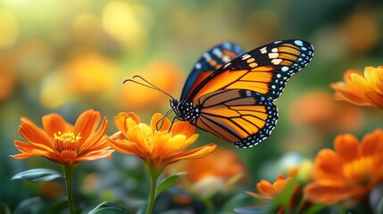 Vibrant butterfly amidst a garden of orange flowers.