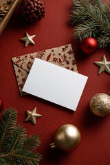 Christmas Card with Decoration on a Red Surface