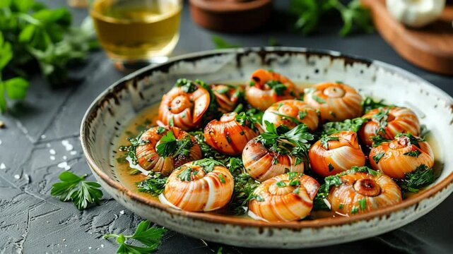 Escargot dish with garlic sauce, parsley, and spices, a traditional French appetizer.