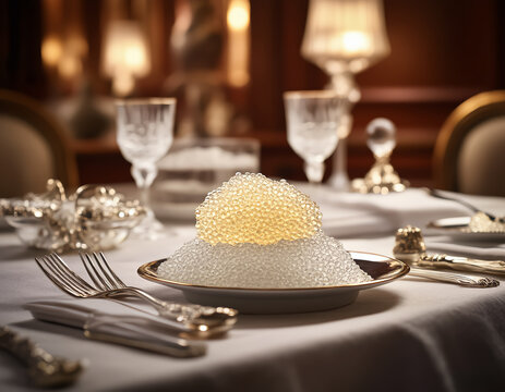 Luxury plate of rare almas beluga caviar on elegant dinner table