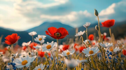 Obraz premium A meadow bursting with wildflowers under a vibrant sky.