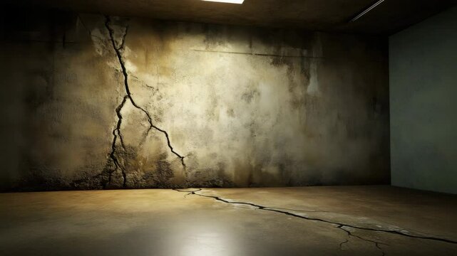 Cracked floor and cracked wall in empty room with concrete decay and neglect featuring rough texture dim light shadow creating moody atmosphere and dark shadows highlighting damage and decay